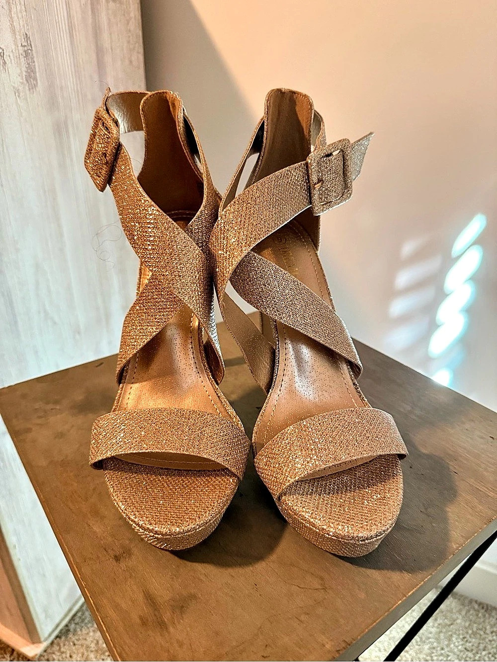 Soda Glitter Platform Heels in Brown